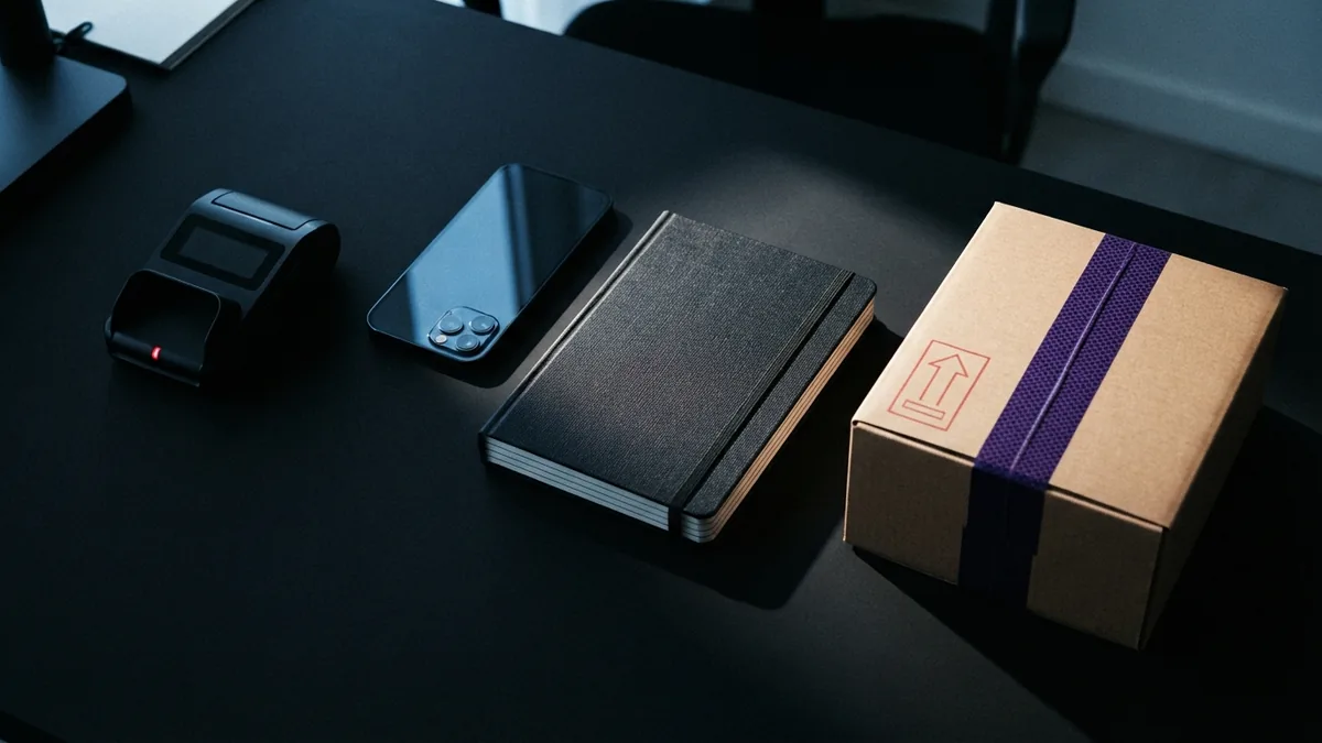Payment tools for daily business use Small business payment tools arranged with a card reader, phone, and ledger