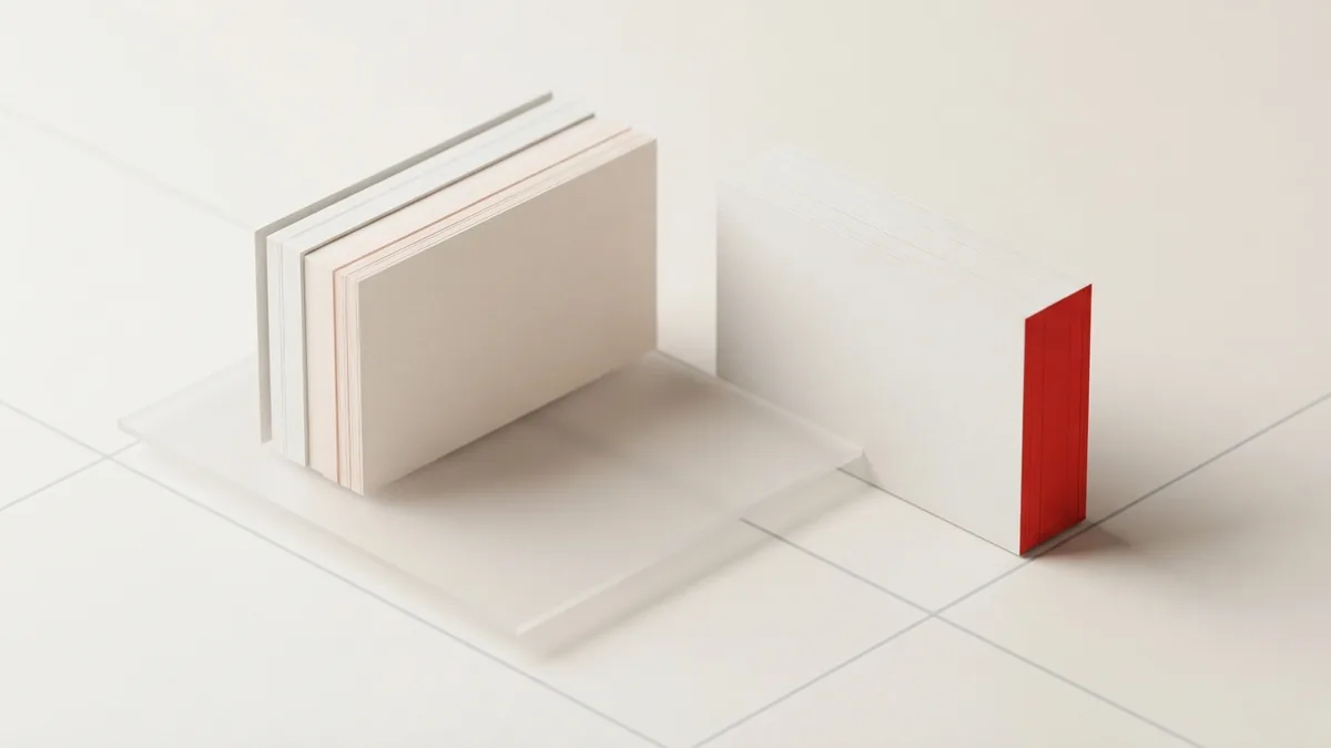 Layered payment protection Stacked geometric payment cards beneath a protective plane in a restrained studio scene
