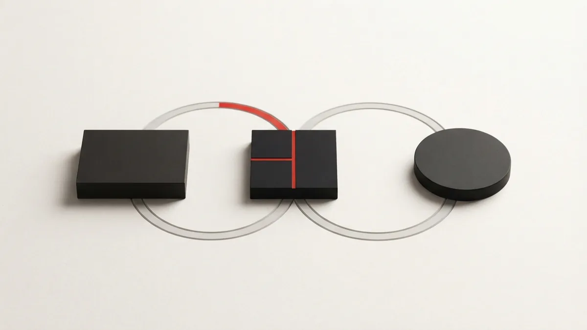 Three modular payment paths connected by clean routed arcs on a warm neutral surface