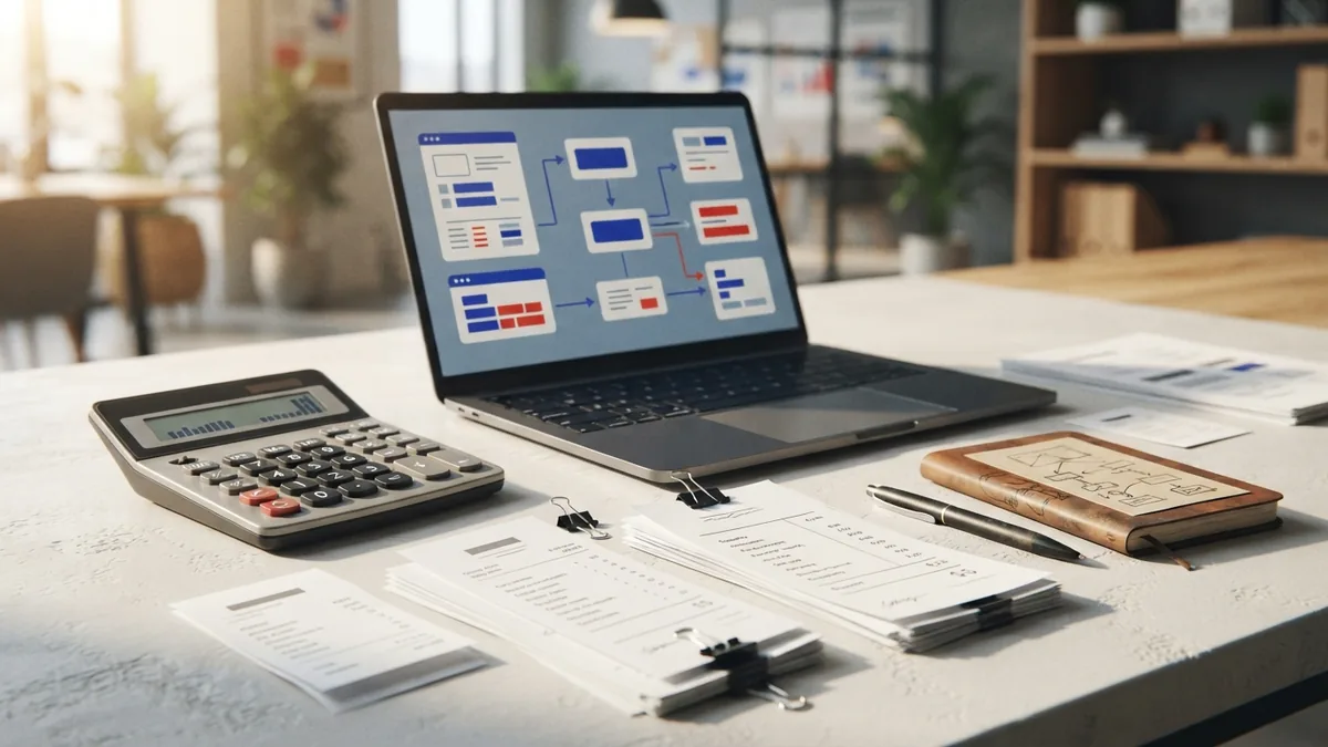 Business owner checking tax figures with calculator and sales records at a desk