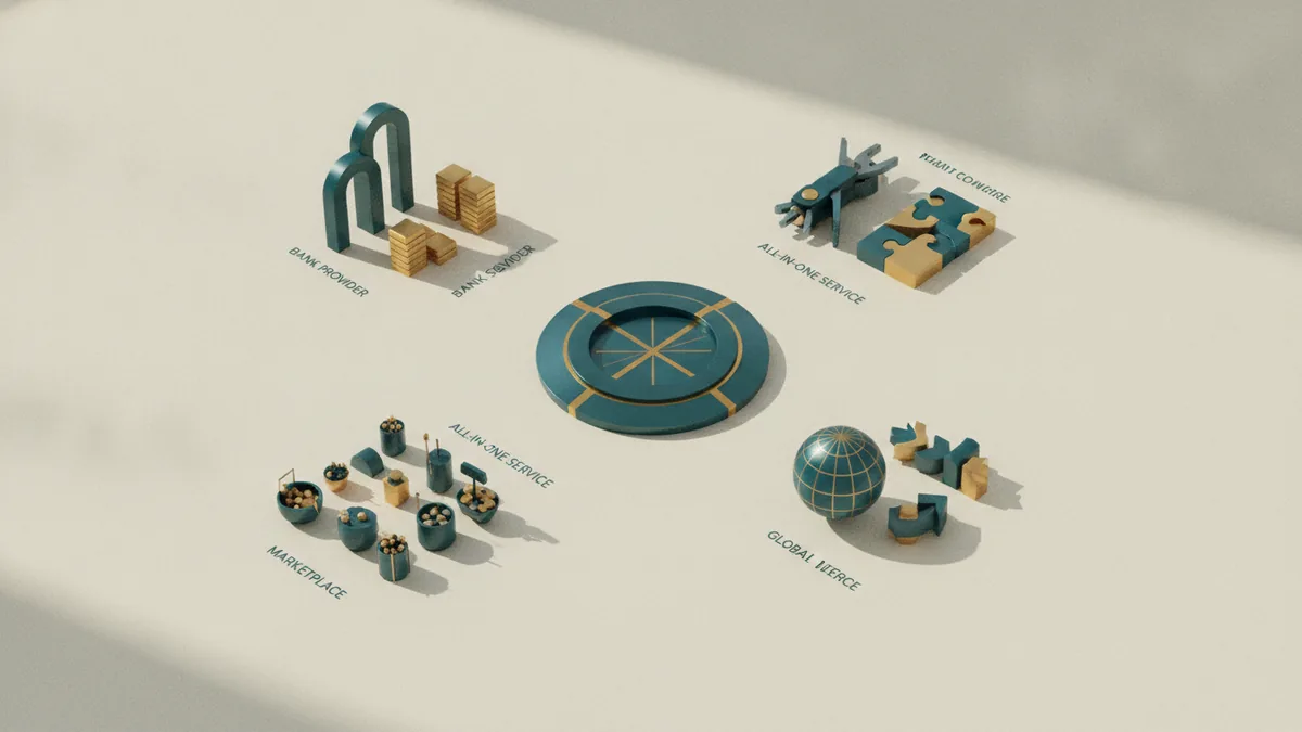 Types of payment service providers Different payment provider models shown through bank, platform, marketplace, and global trade symbols