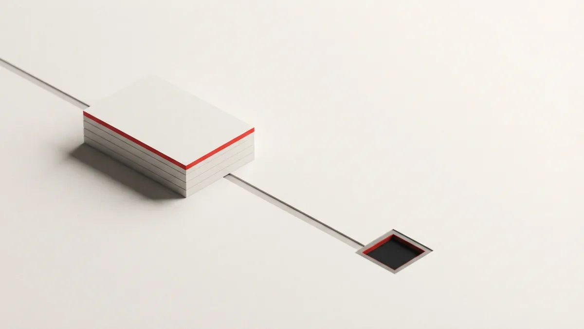 A calm visual for tax filing and payment Blank stacked cards and a routed line evoke business tax filing and payment steps