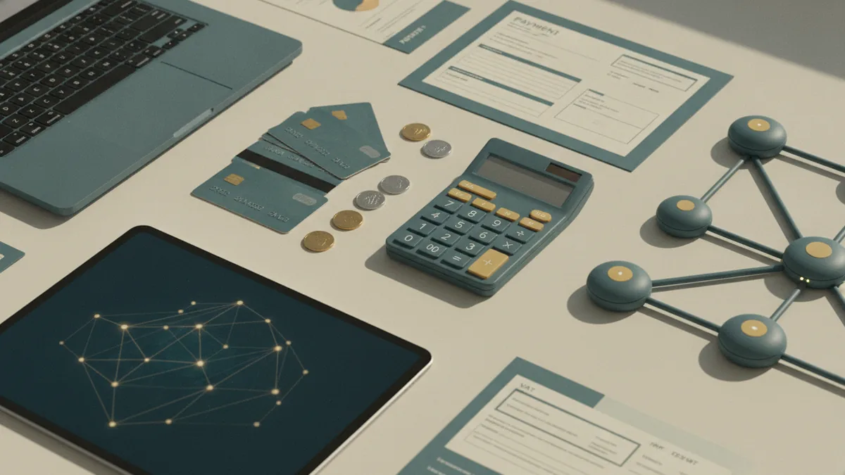 Business team workspace with payment gateway choice shown through cards, coins, and network links