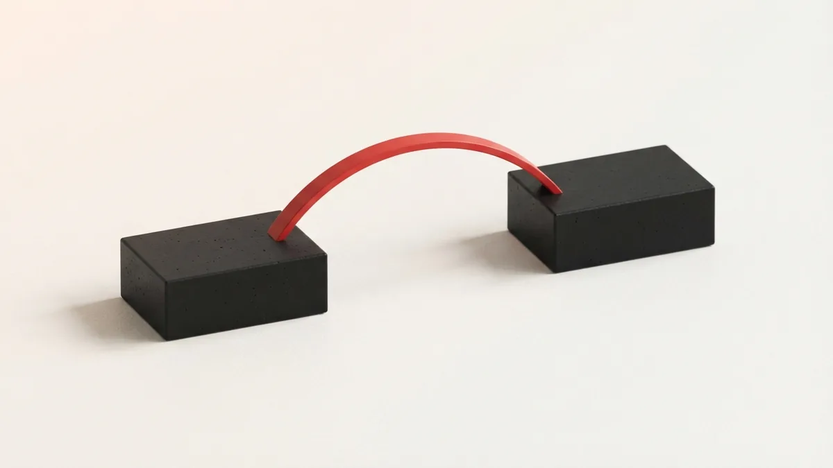 A fast link across payment rails Red geometric arc linking dark blocks in an abstract instant payment scene