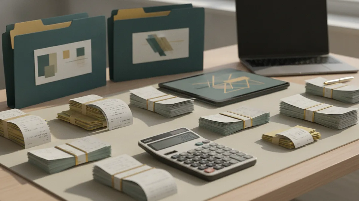 Accurate bookkeeping workspace Bookkeeping workspace with receipts, bank papers, and organized accounting folders