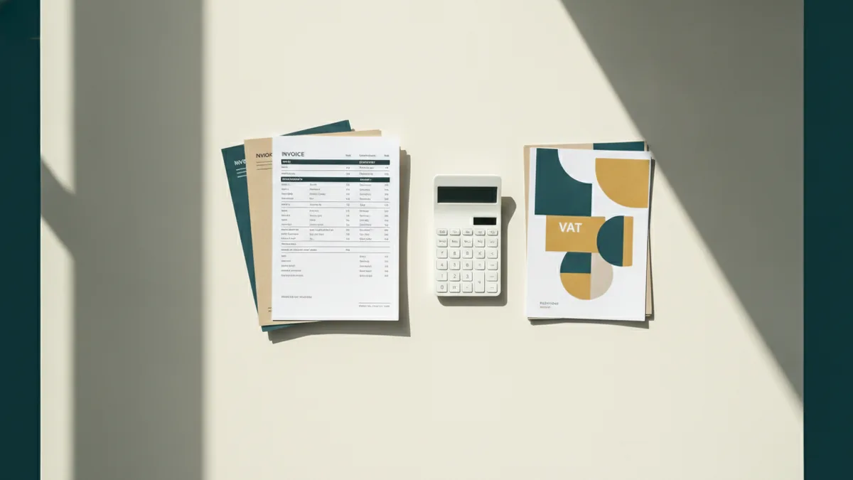 VAT records and accounting papers arranged with calculator and invoice folders