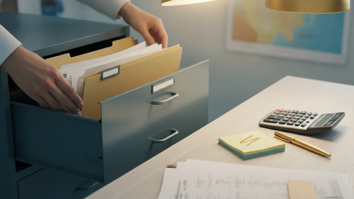 Hands filing business expense documents with calculator on a desk