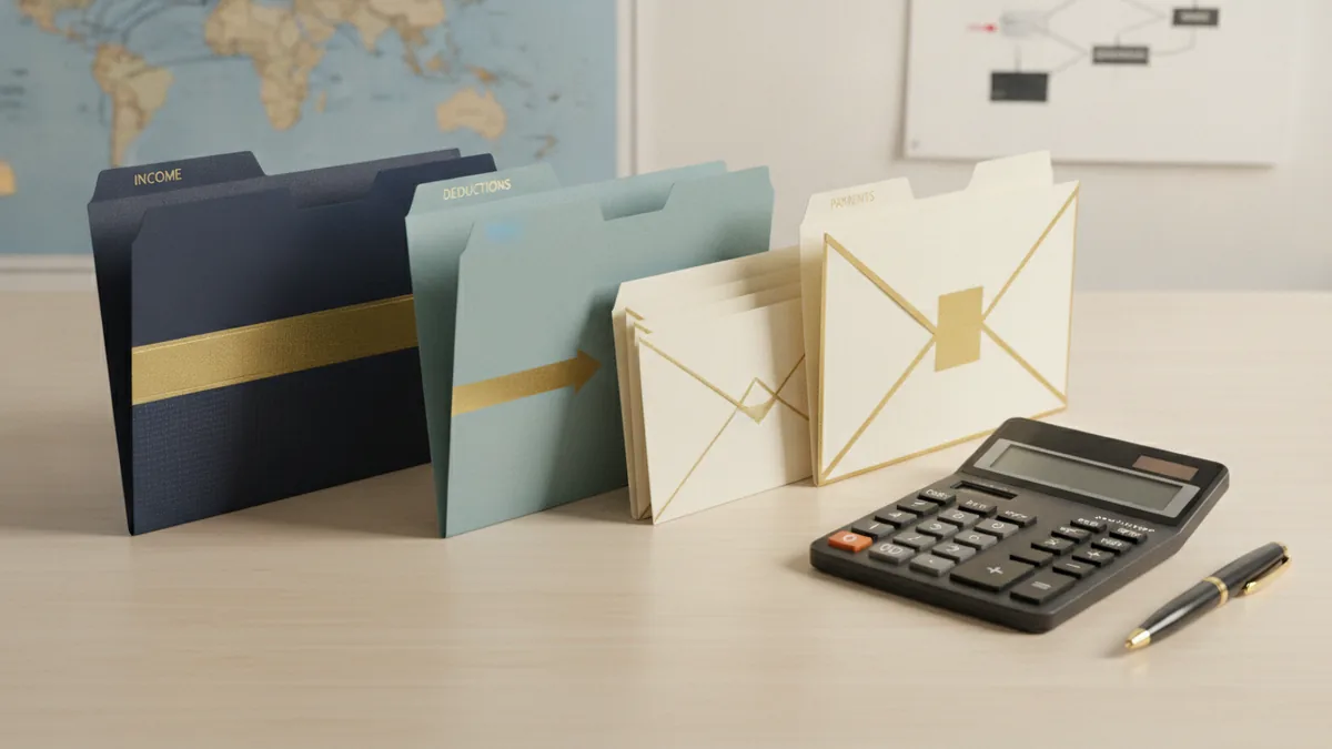 Sorted tax folders and tools for comparing income, payroll, and excise obligations