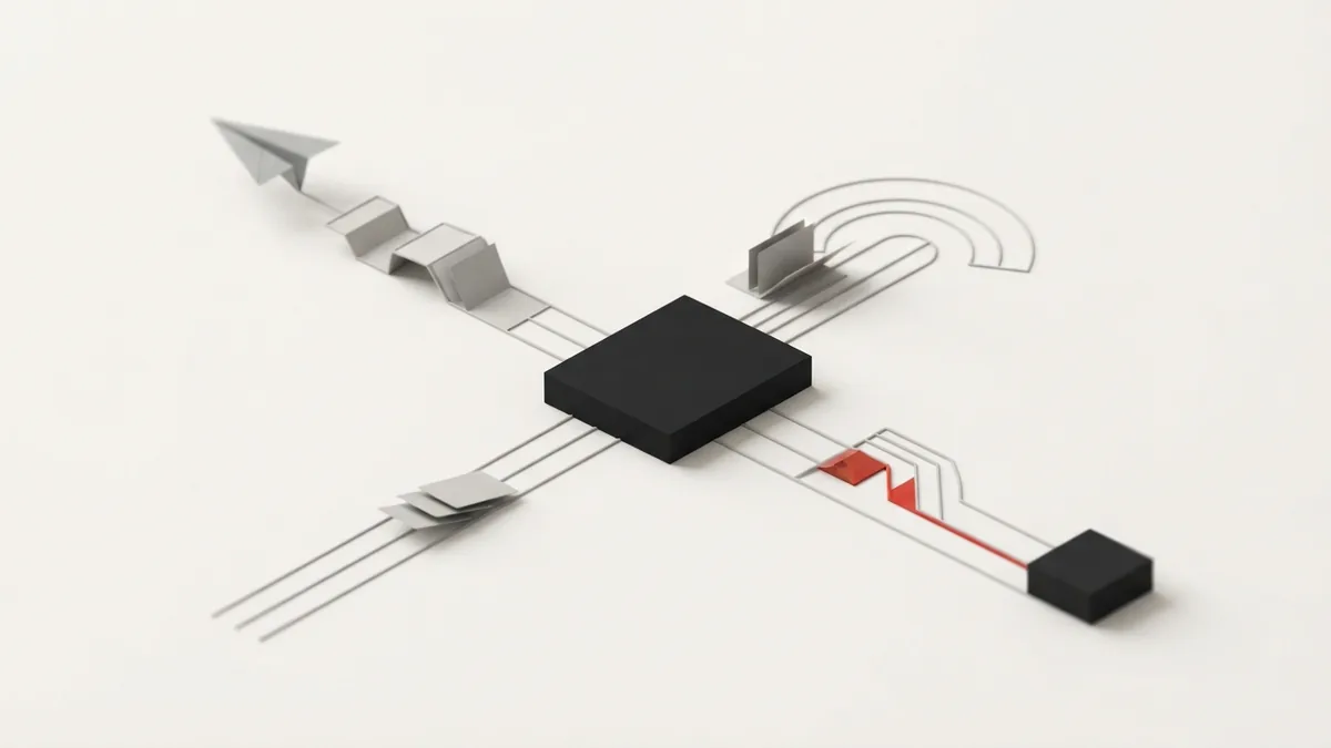 Three geometric payment service paths branching from a central block on a cream surface