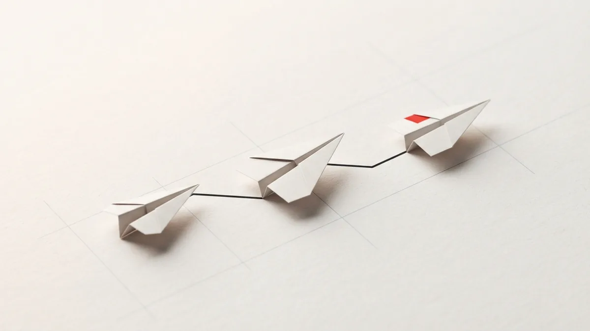 Folded paper planes joined by a route line to show the stages of a refund application