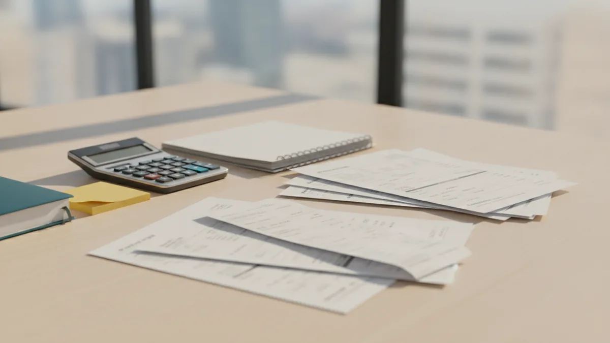 Preparing a VAT return Small business records arranged beside invoices for VAT return work