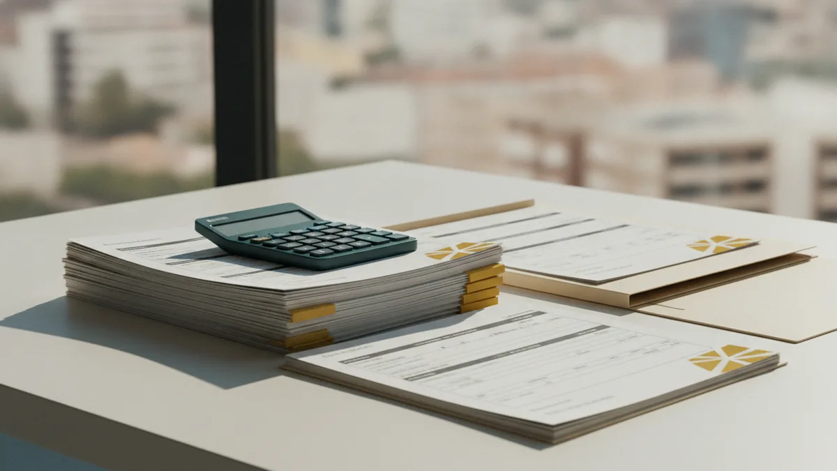 Accounting papers and calculator arranged for checking supplier tax details
