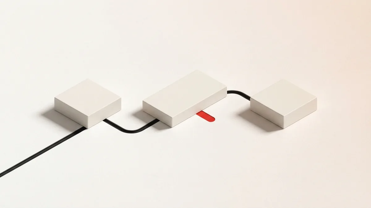 The route between sending and receiving banks Three connected geometric blocks represent a payment moving between banks