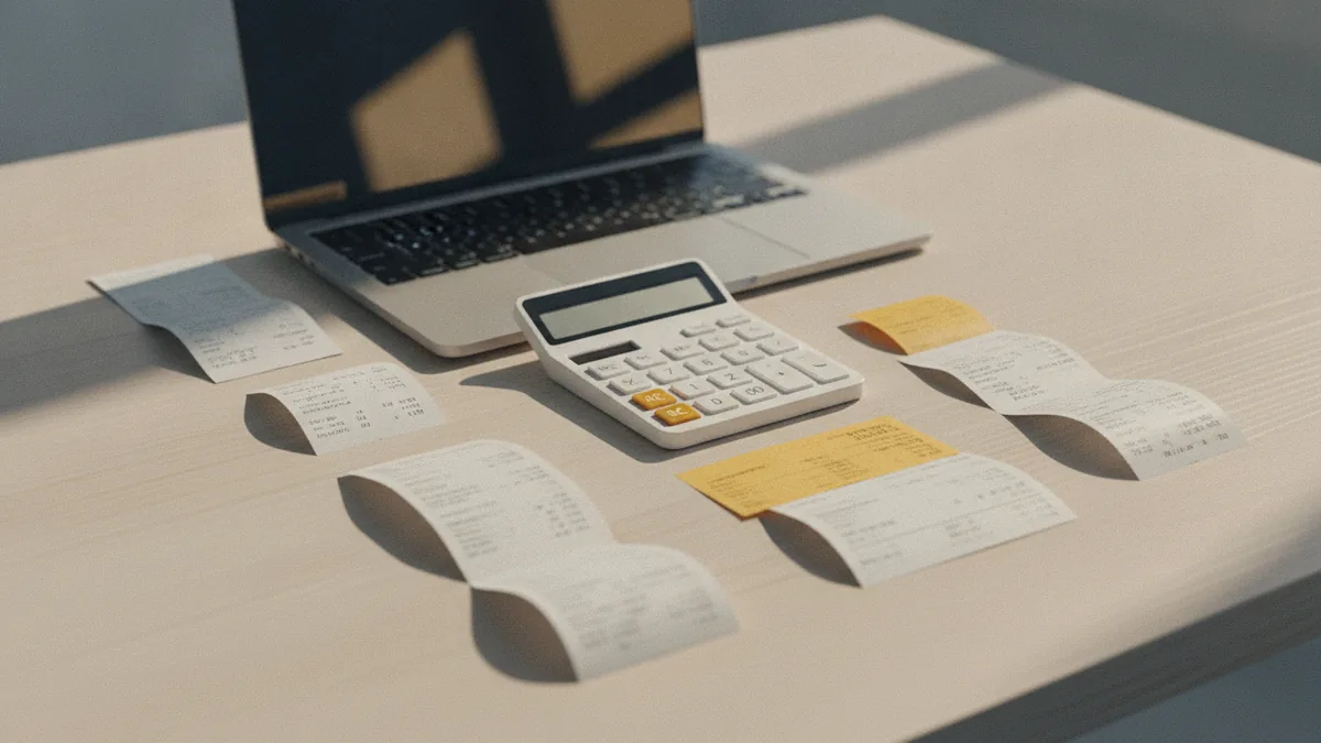 Receipts and calculator spread out for VAT deduction evidence and reconciliation