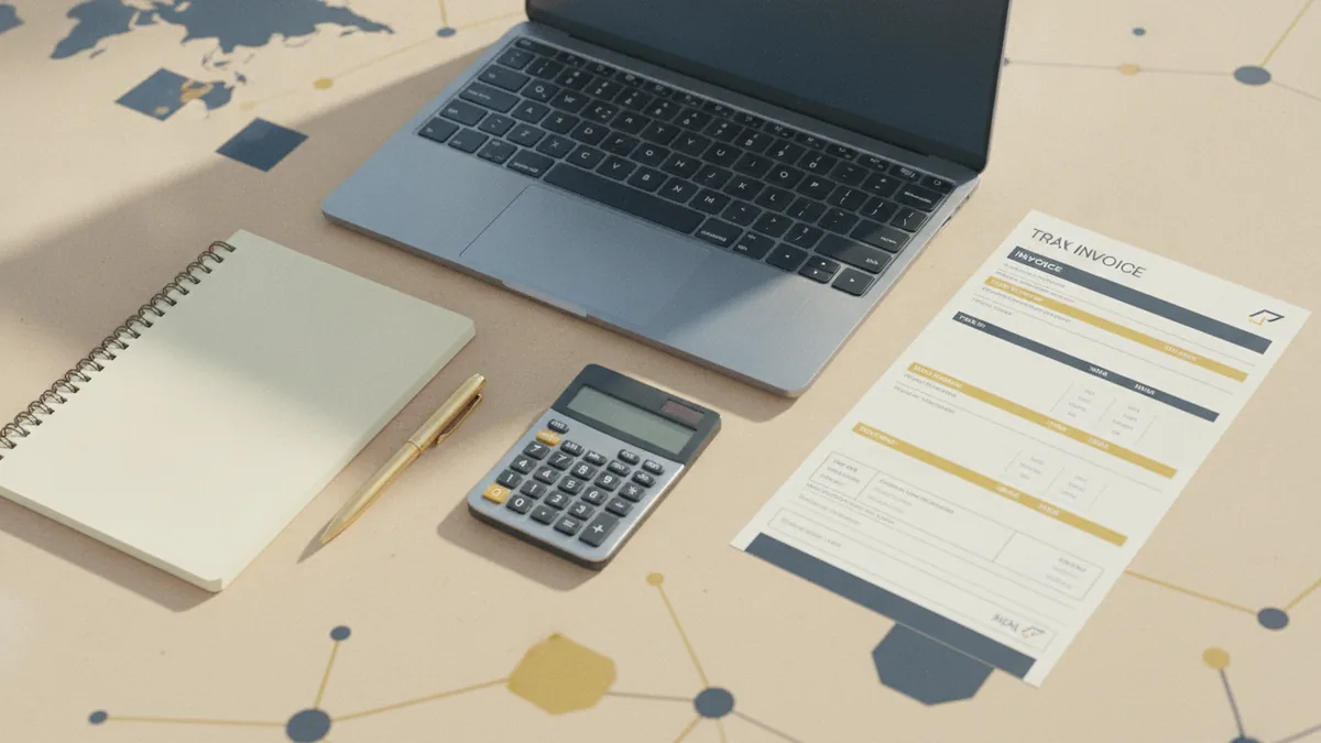 Separate VAT from other taxes Desk with invoice documents and notes to separate VAT from other taxes