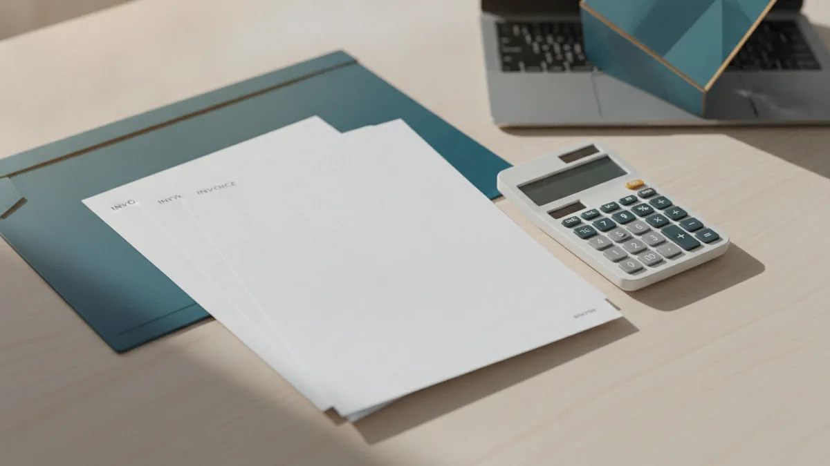 Business invoice types arranged beside a calculator and finance folder