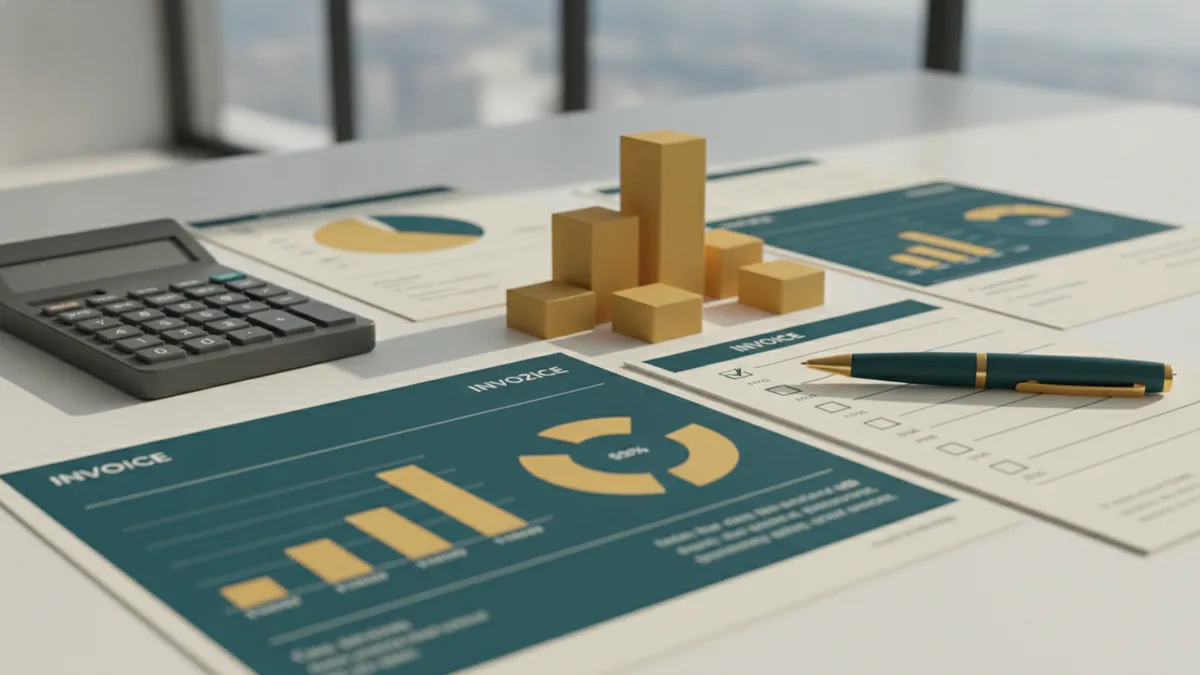 Close view of invoice totals, calculator, pen, and checklist on a desk