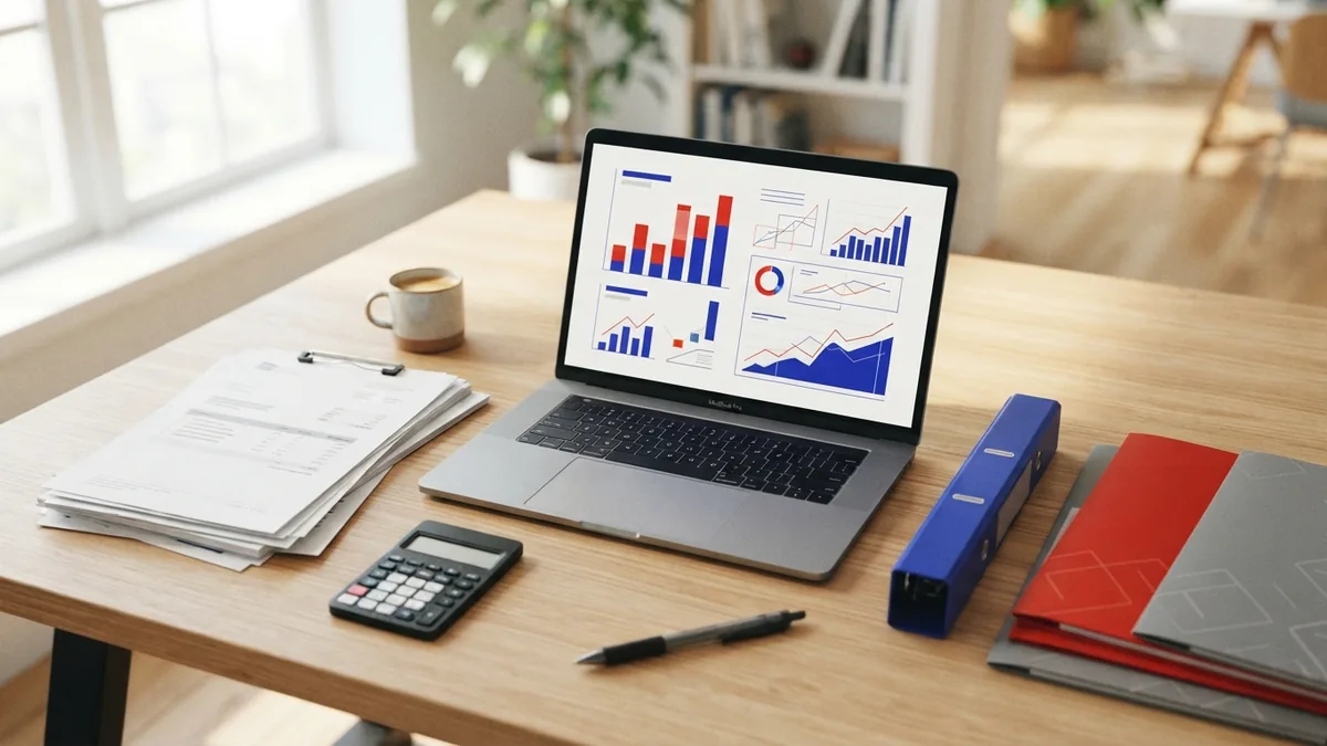 Small business finance workspace with invoices, folders, calculator and laptop