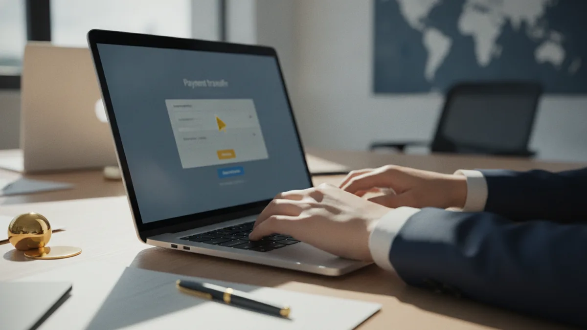 Person initiating a bank transfer on a laptop as part of ACH processing.