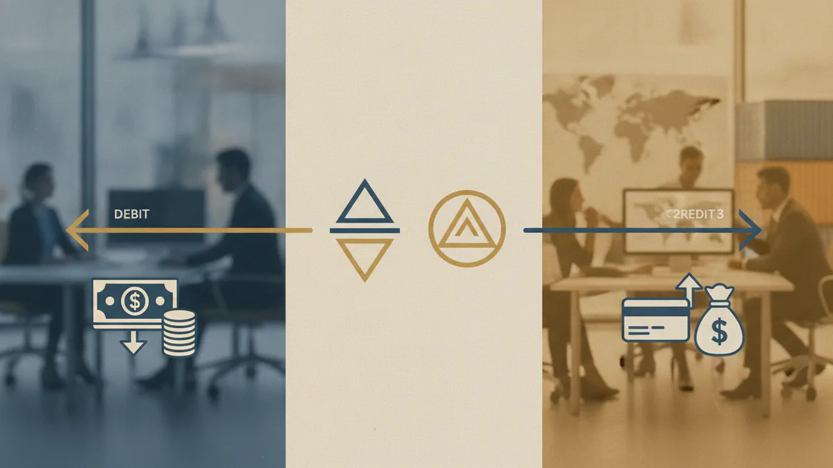 Simple visual concept of ACH credit pushing funds and ACH debit pulling funds.